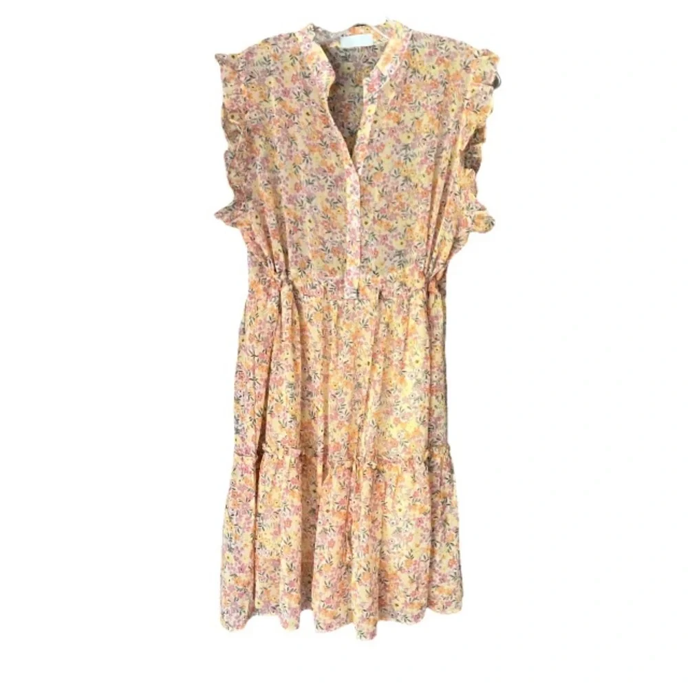 Q2 Savanna Floral Baby Doll Dress Womens Large Yellow Tiered Ruffle Sleeveless M